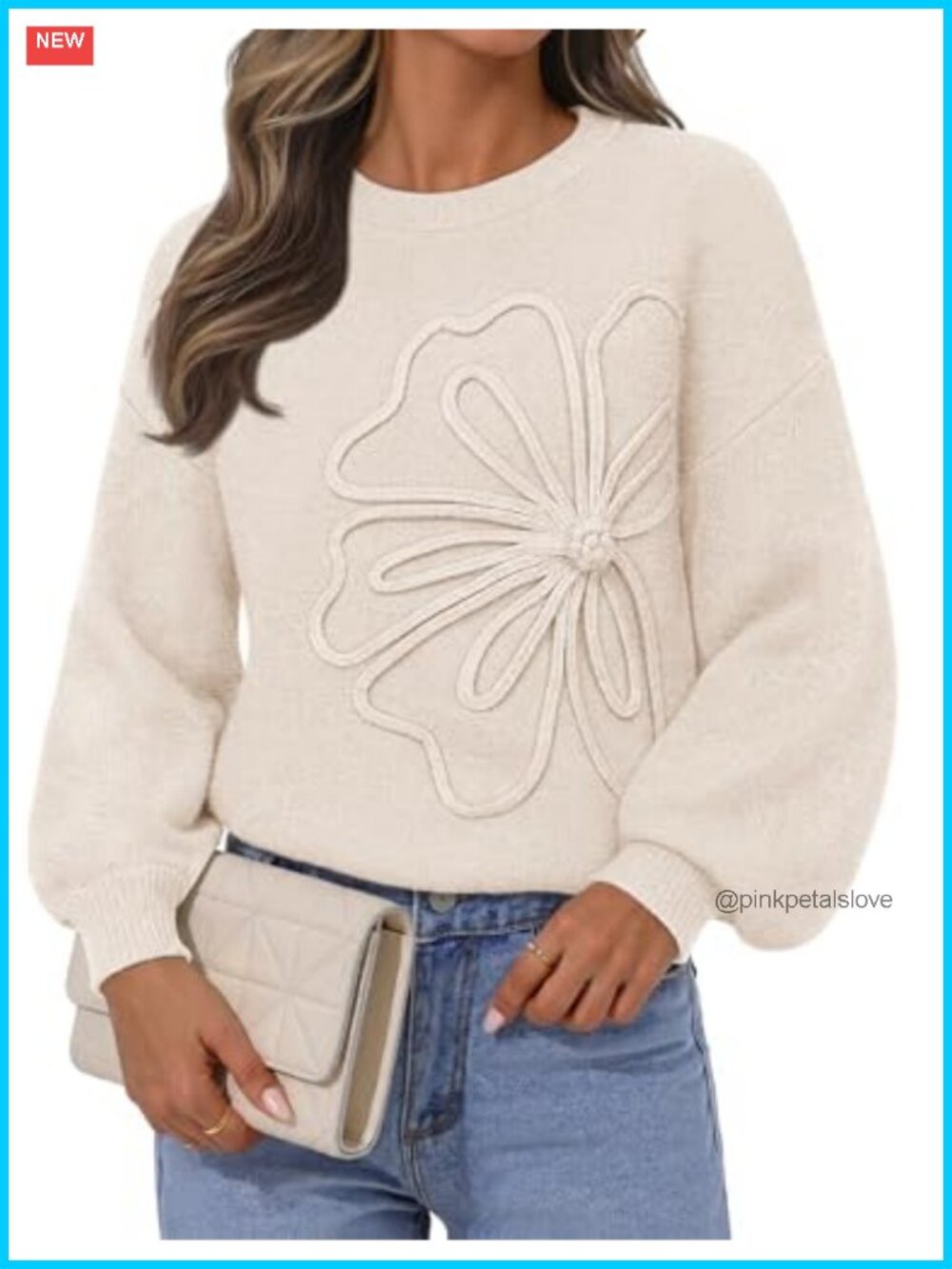 Womens Floral Knit Oversized Pullover Sweater Lantern Sleeve